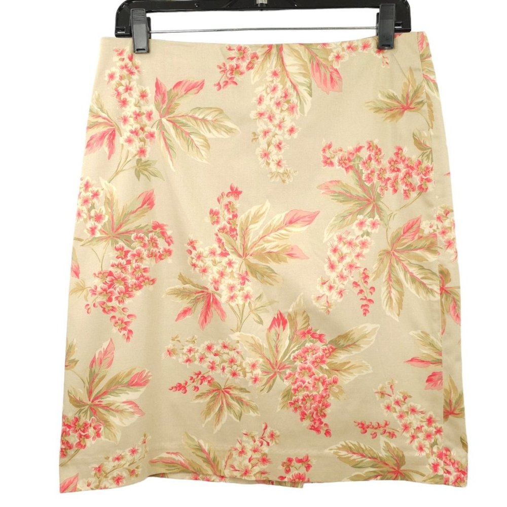 Jones New York Signature Floral Pencil Skirt Womens Size 8 Tan Pink Cotton Blend